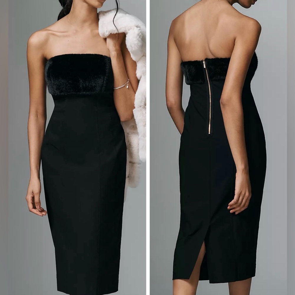 Anthropologie Strapless Faux Fur Trim Slim Midi Dress, Size M